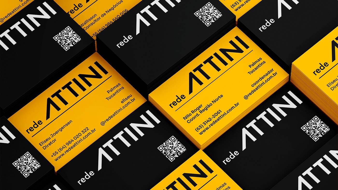 Rede Attini — cartões empilhados em padrão xadrez amarelo e preto