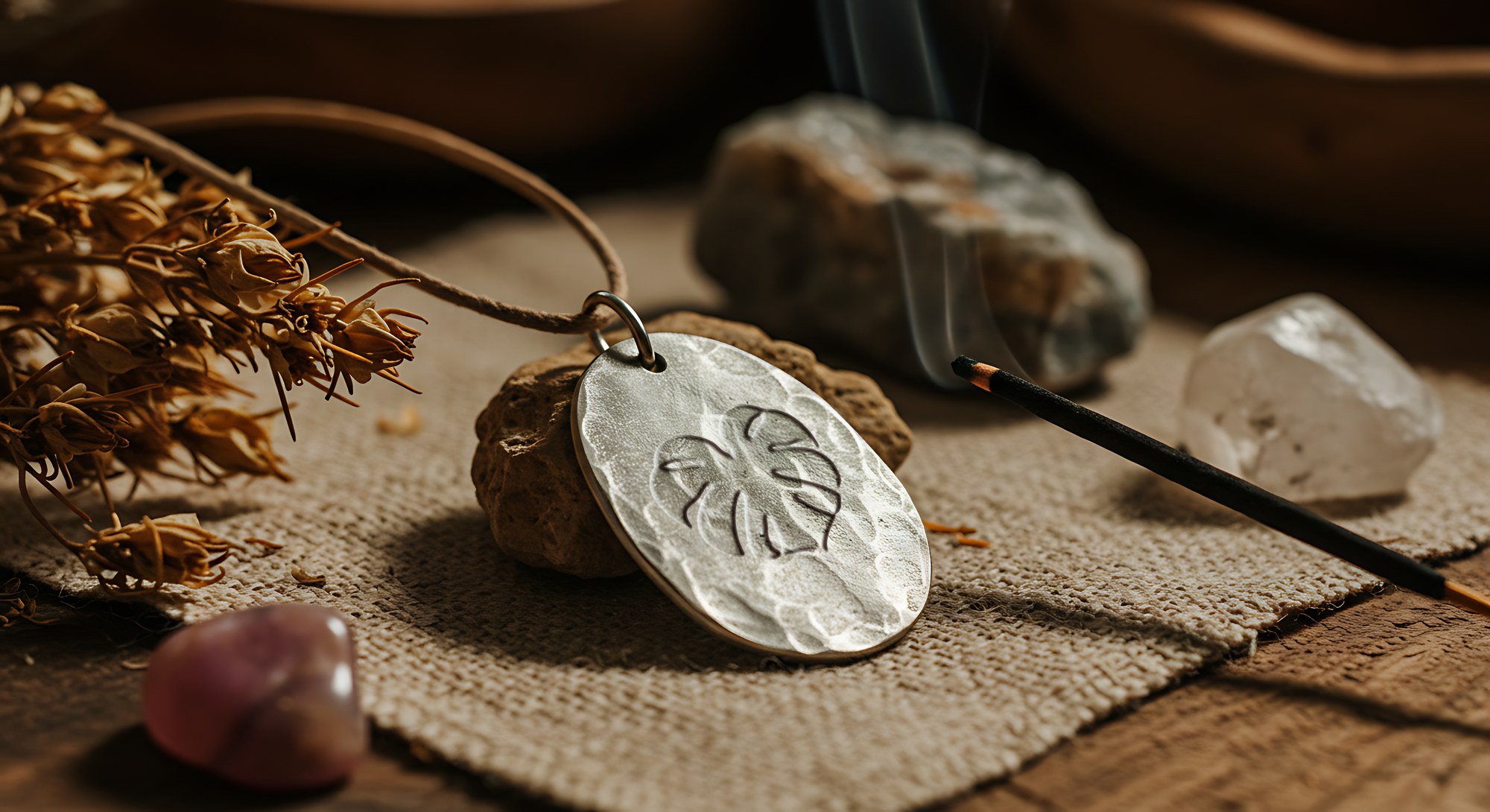 Medalhão de prata Alquimias da Jandira com símbolo monstera